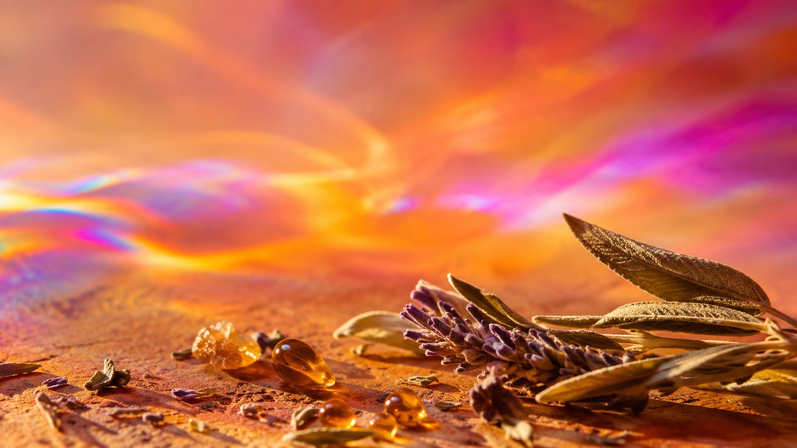 Macro shot of dried lavender, sage, and amber resin against a prism-lit desert gradient