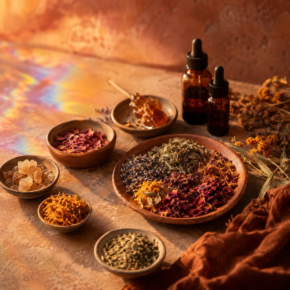 A flat lay of dried botanicals in small bowls, arranged around amber tincture bottles in warm light