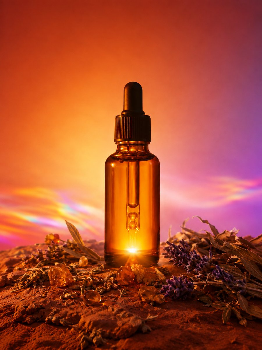 A backlit amber dropper bottle glowing against a sunset gradient, surrounded by dried lavender and herbs